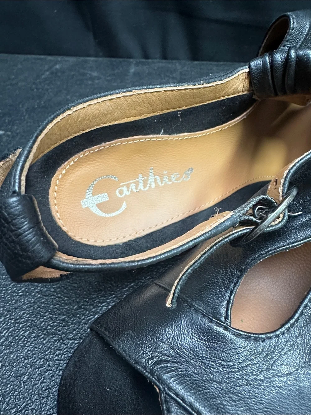 Earthies Black Leather Peep-Toe Slingback Wedges “Seria” 9B