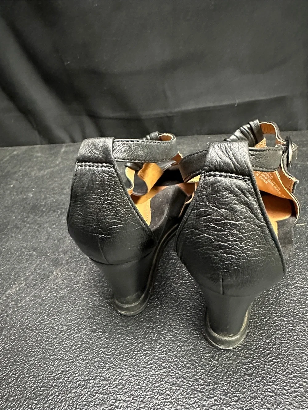 Earthies Black Leather Peep-Toe Slingback Wedges “Seria” 9B