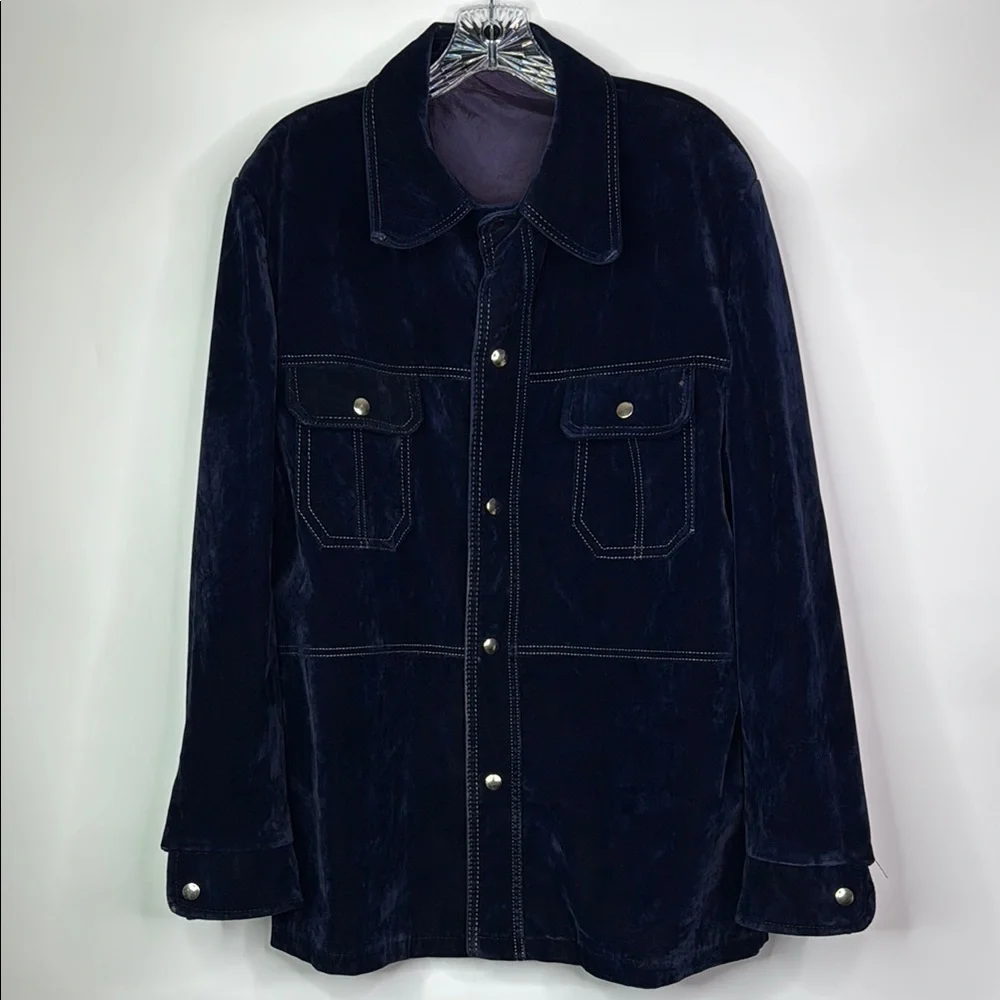 Vintage Blue Velveteen Snap Button Rockabilly Western Jacket Size Large 70s