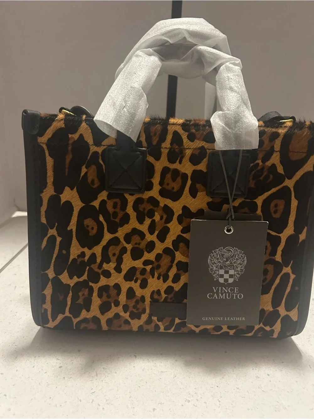Leopard Print Vince Camuto Tote Bag -with Black Leather Trim