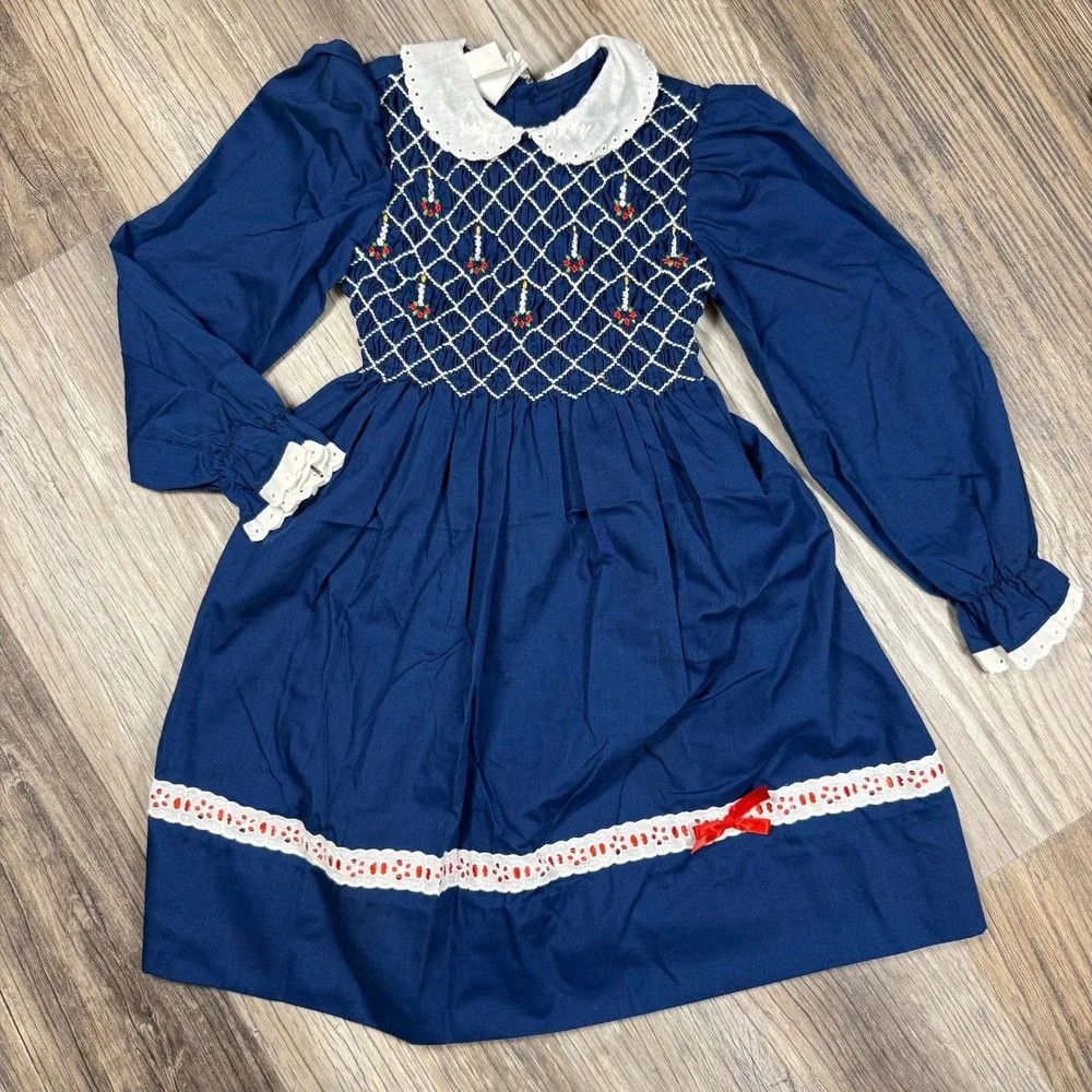 Vintage Polly Flinders Girls Navy Blue Hand Smocked Christmas Dress Size 6