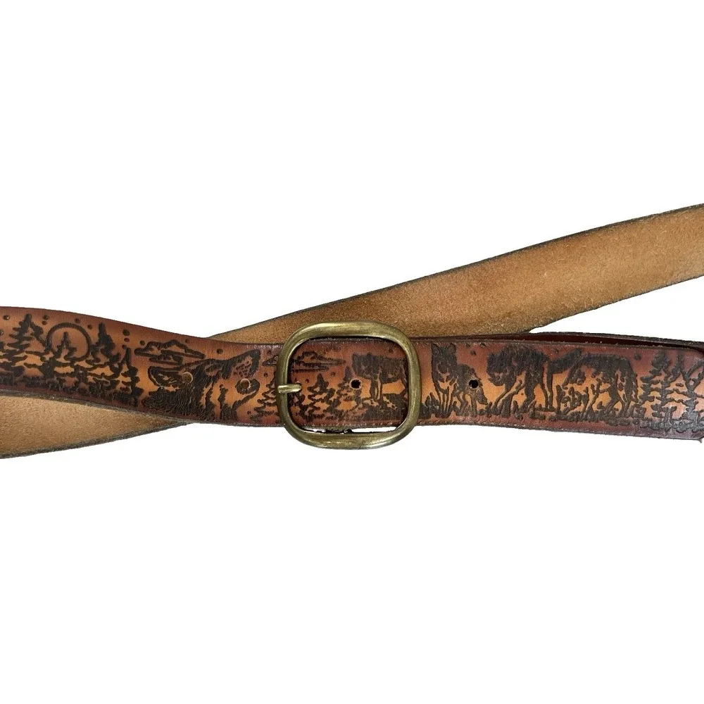 Tooled Vtg Leather Belt Wolf Feathers Moon Trees Brown Western Cowboy Rodeo