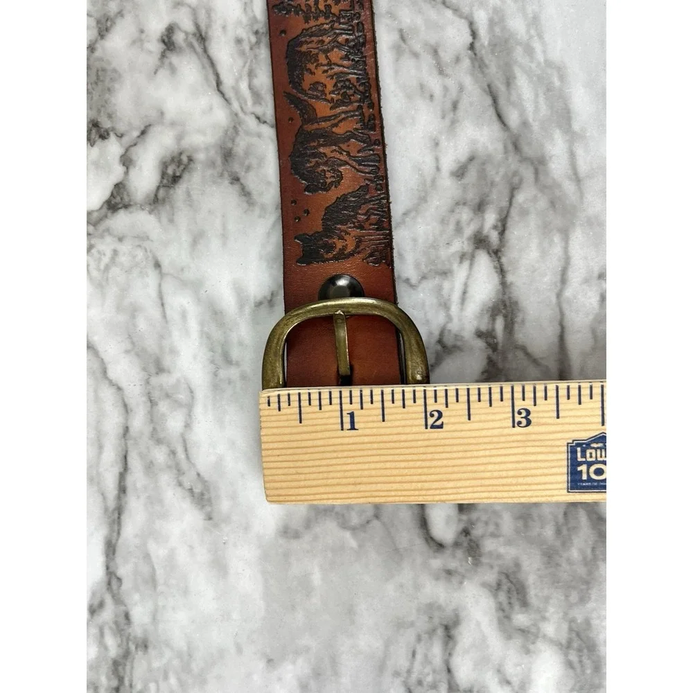 Tooled Vtg Leather Belt Wolf Feathers Moon Trees Brown Western Cowboy Rodeo