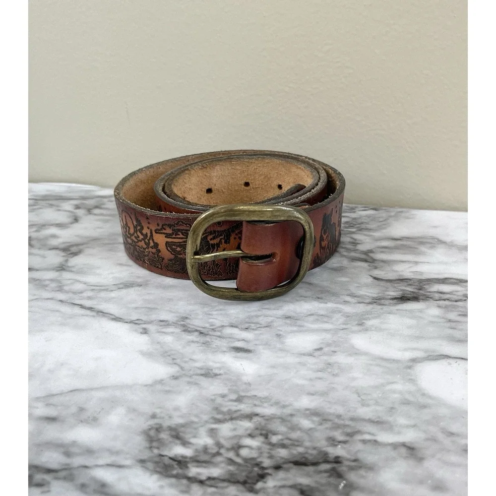 Tooled Vtg Leather Belt Wolf Feathers Moon Trees Brown Western Cowboy Rodeo