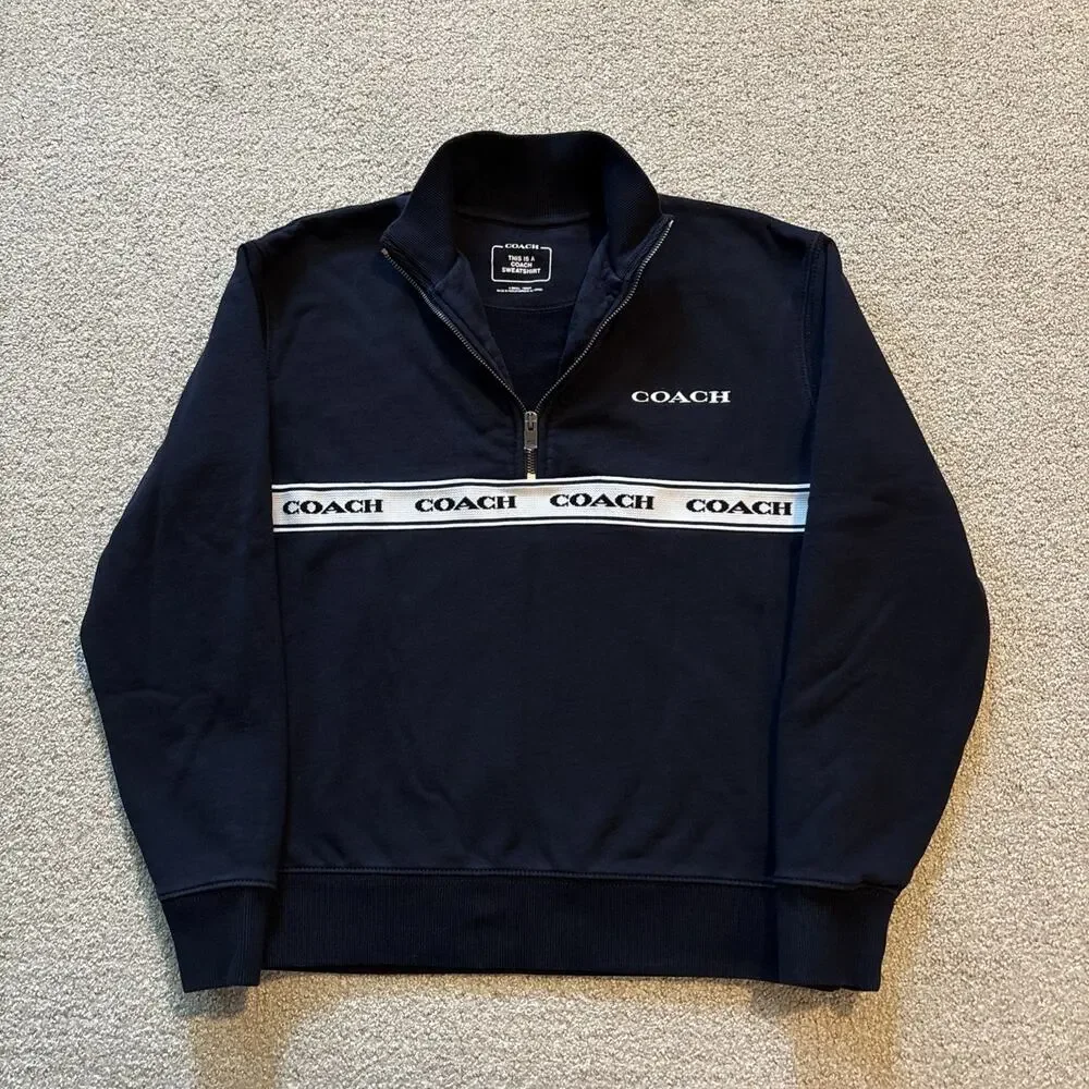 Coach Women's Navy/White Essential Half Zip Sweatshirt Sz XS Cotton Pullover