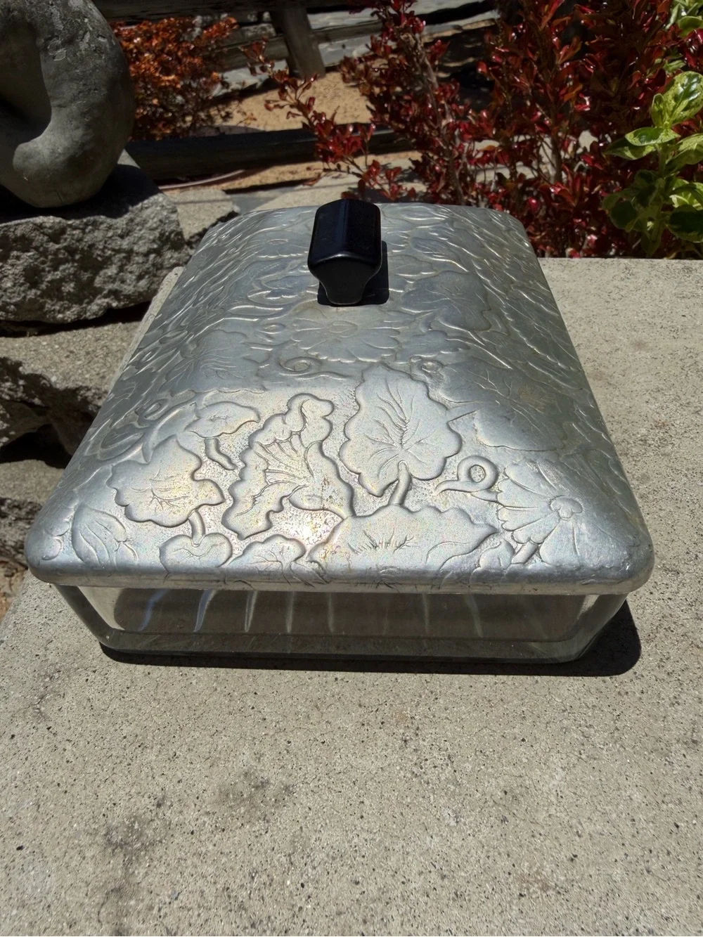 Vintage, gorgeous embossed  Metal Covered Glass Dish