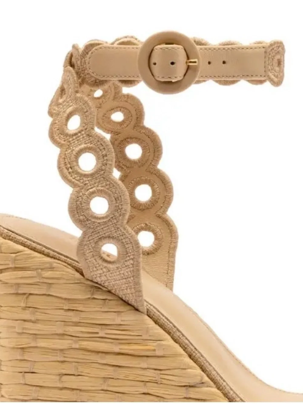 Larroude Broderie Florence Wedge Sandals in Tan