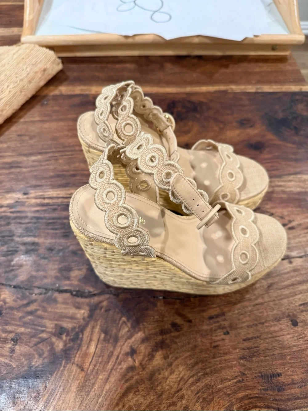 Larroude Broderie Florence Wedge Sandals in Tan