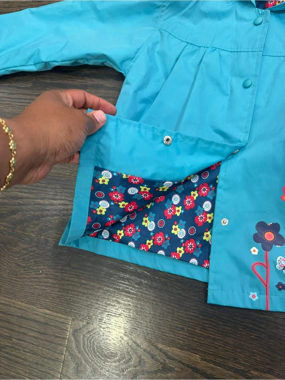 Kids Hooded Floral Raincoat - Turquoise