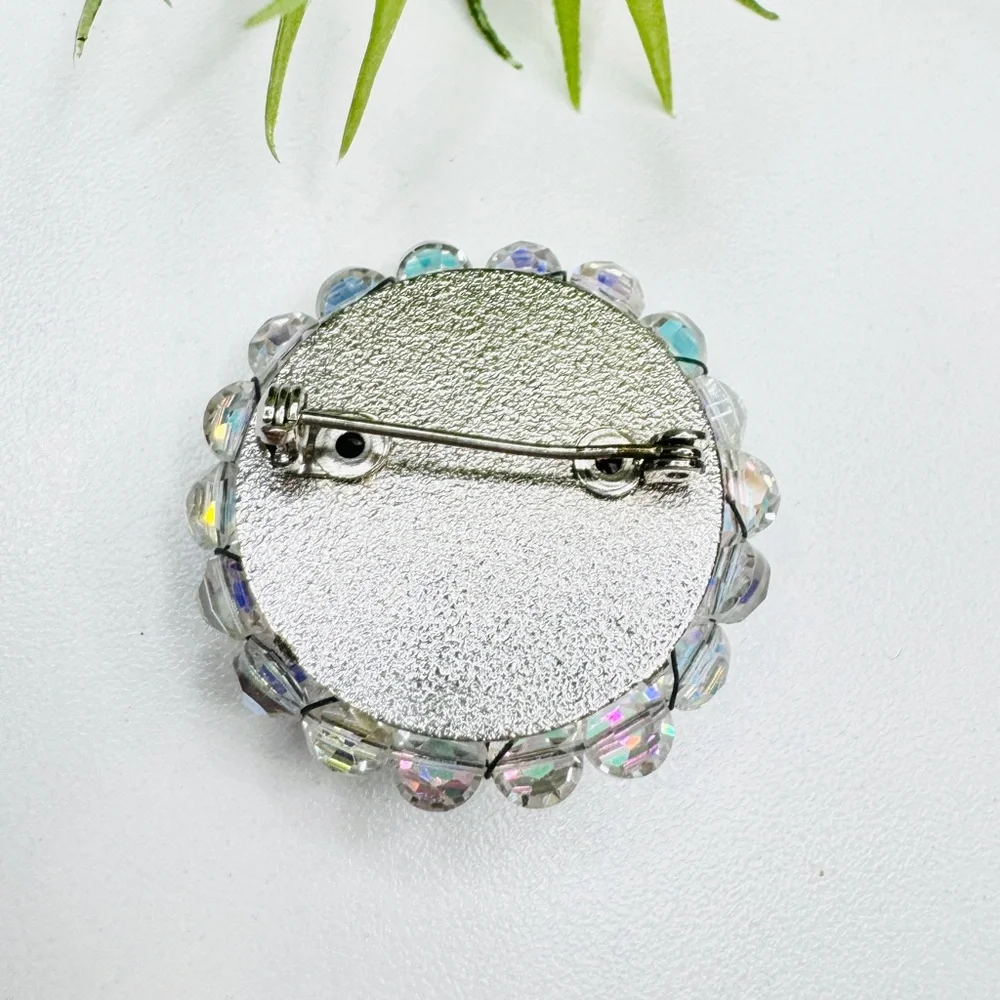 Vintage 50s Retro Aurora Borealis Glass Bead Clear Rhinestone Cluster Brooch