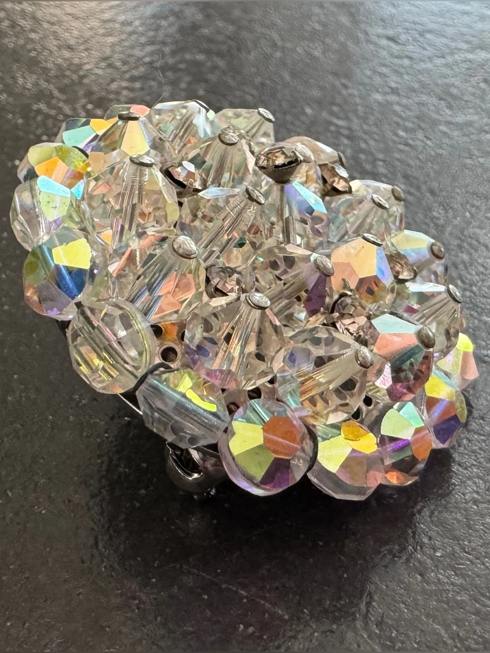 Vintage 50s Retro Aurora Borealis Glass Bead Clear Rhinestone Cluster Brooch