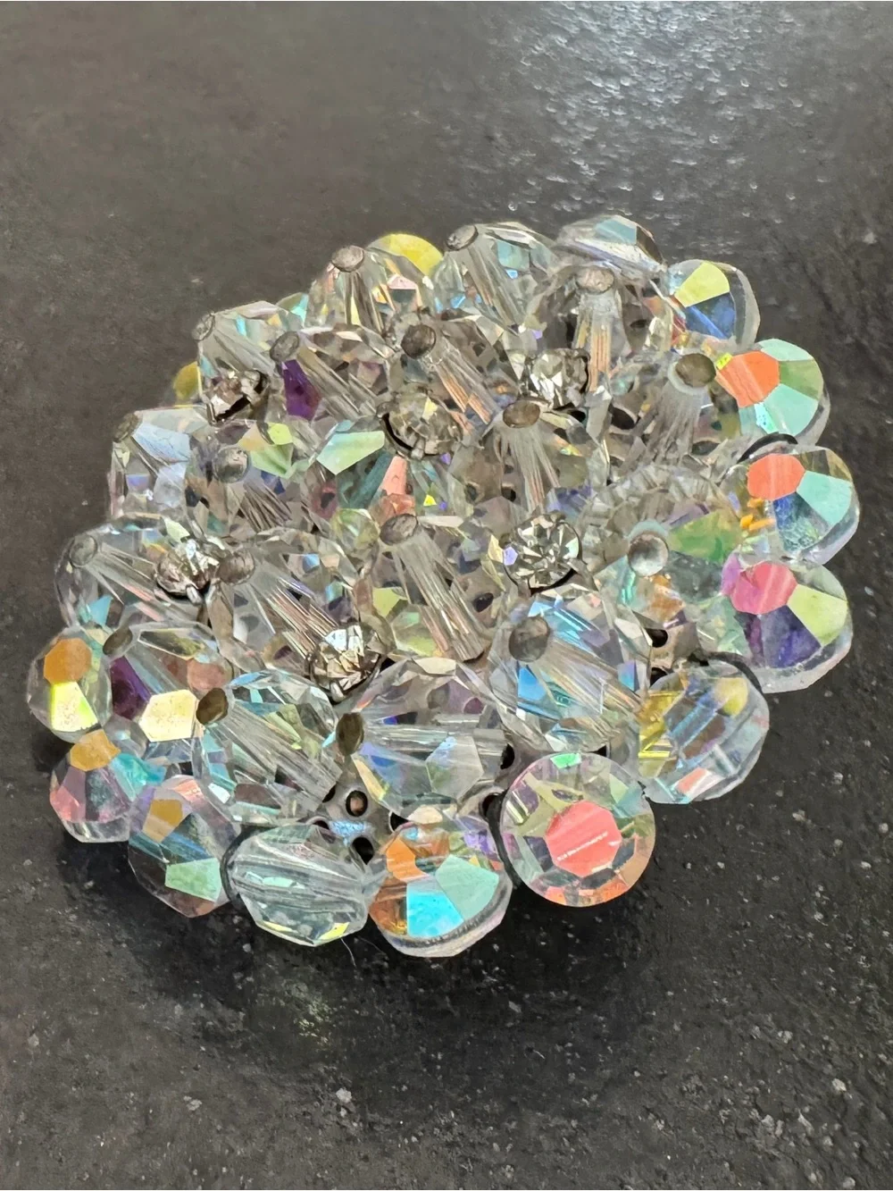 Vintage 50s Retro Aurora Borealis Glass Bead Clear Rhinestone Cluster Brooch