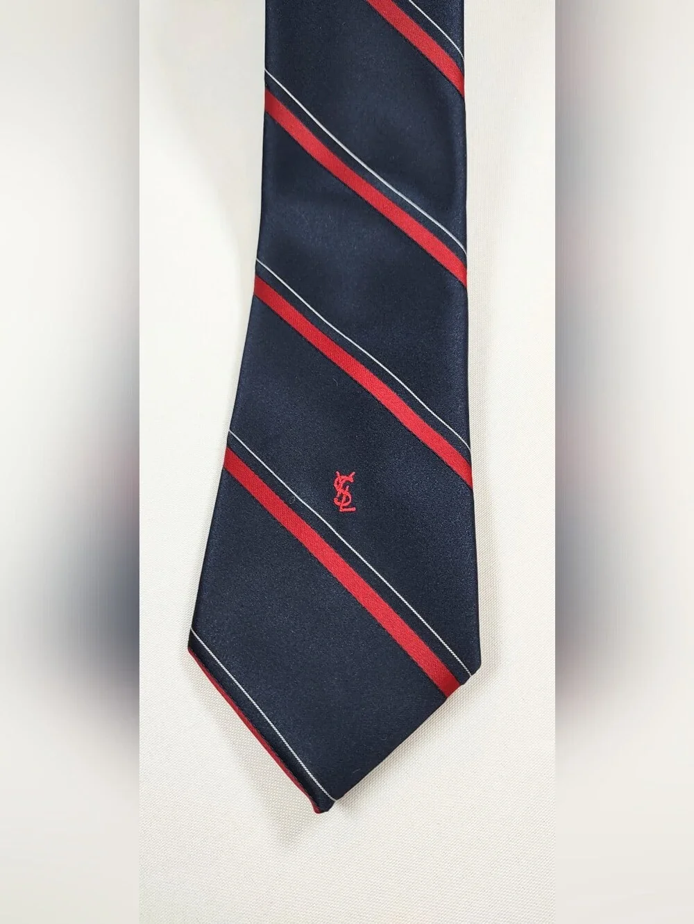 Yves Saint Laurent Vintage YSL Men’s Silk Tie Navy Red Striped Short Necktie