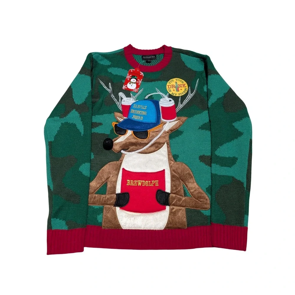 Blizzard Bay Mens Ugly Christmas Sweater Reindeer Beer Drinking‎ Camo Small