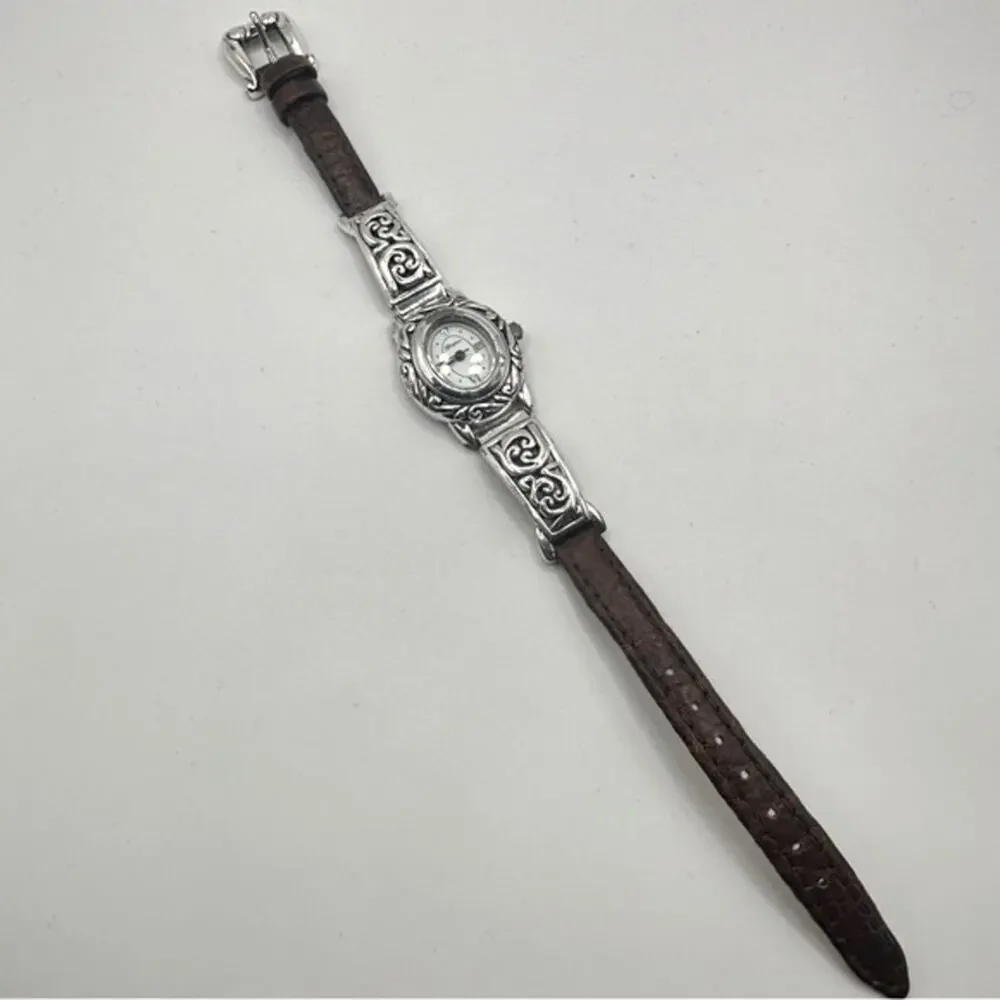 Brighton Santa Barbara Watch Vintage Silver tone Brown Italian Leather strap