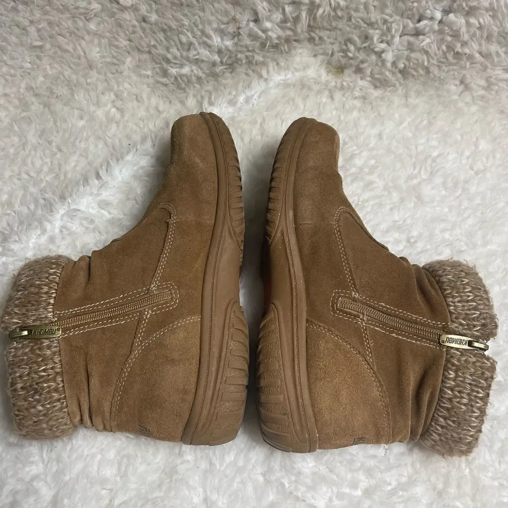 KHOMBU LAURA TAN SUEDE ANKLE BOOTS KNIT TRIM RUBBER SOLES SZ10M