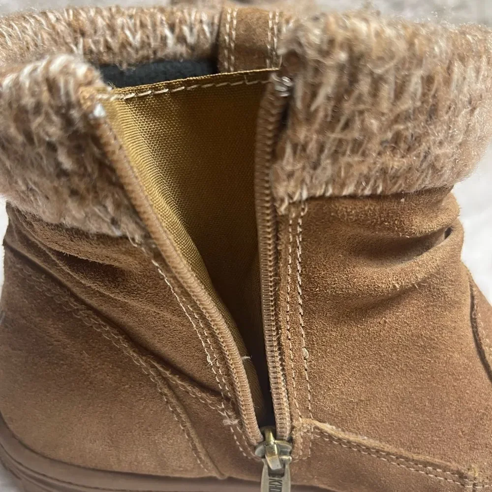 KHOMBU LAURA TAN SUEDE ANKLE BOOTS KNIT TRIM RUBBER SOLES SZ10M