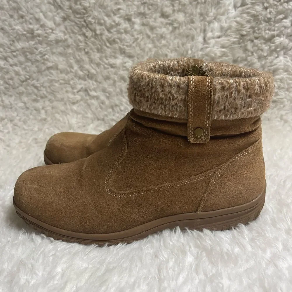 KHOMBU LAURA TAN SUEDE ANKLE BOOTS KNIT TRIM RUBBER SOLES SZ10M