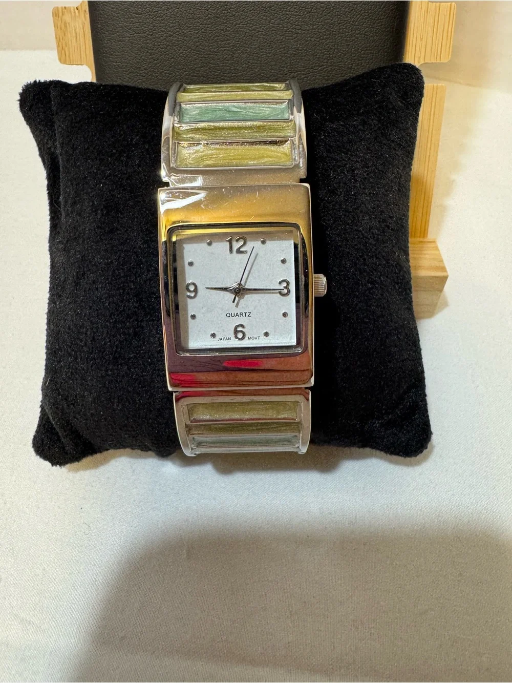 Avon Silver Tone Rectangular Face Watch with Green Accent Links