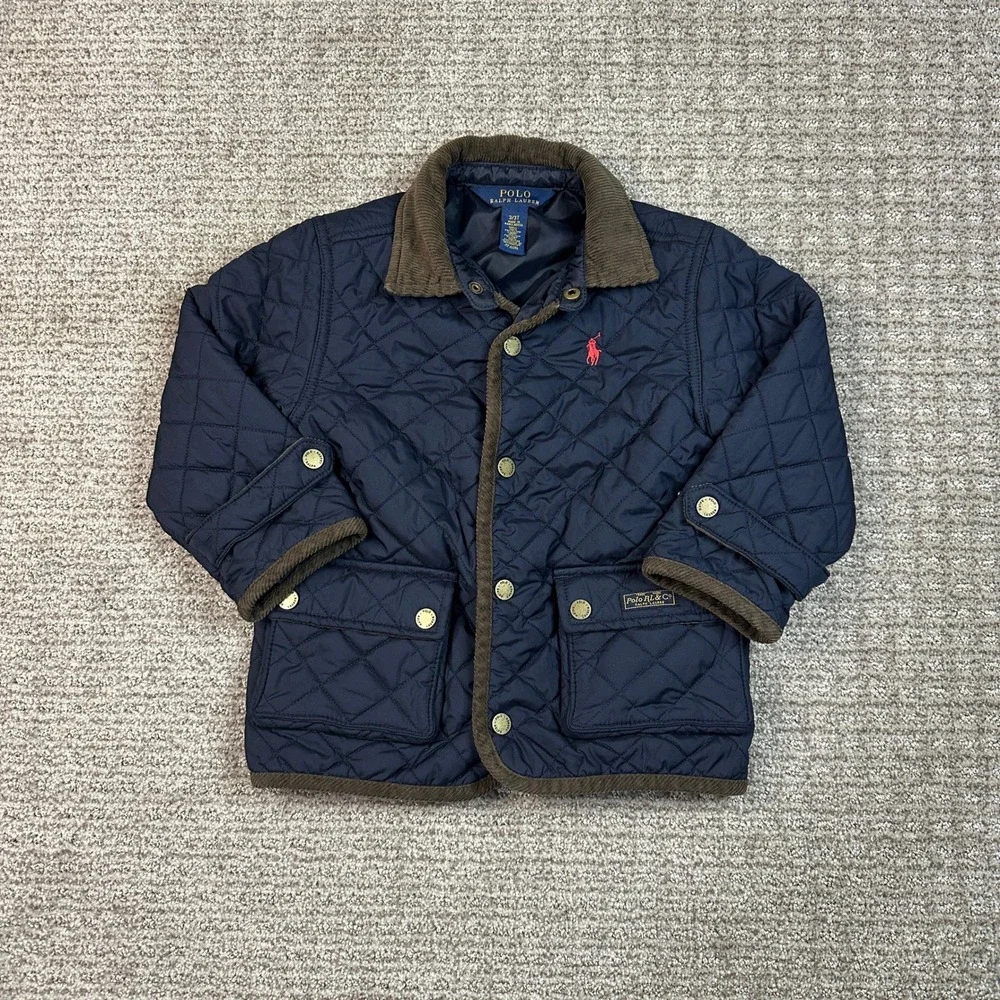Polo Ralph Lauren Kids Navy Blue Quilted Barn Jacket Corduroy Trim 3/3T