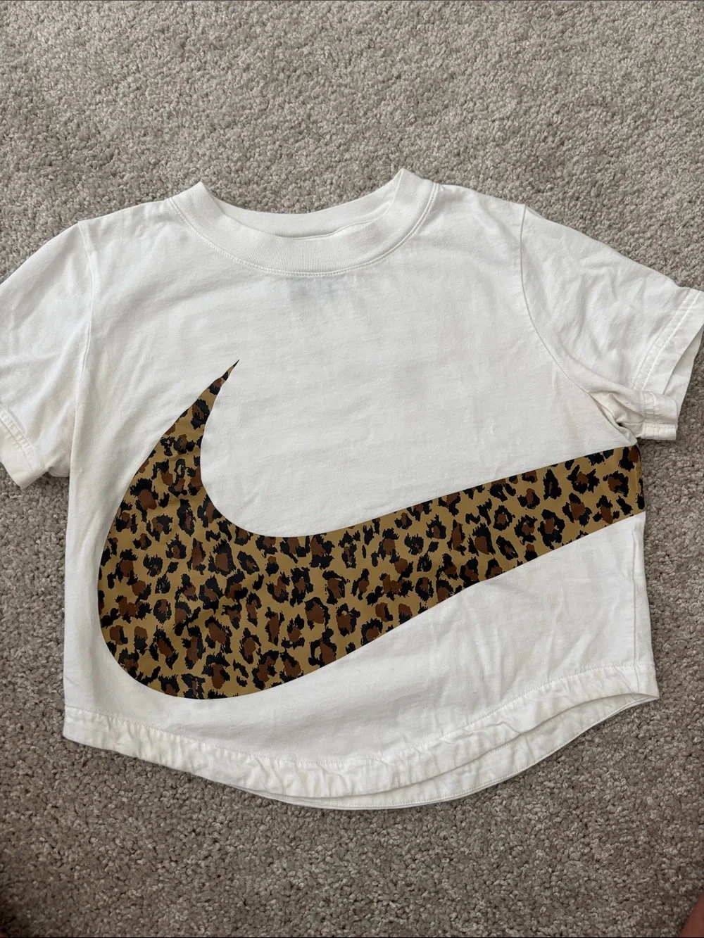 Nike White Short Sleeve crop Tee with Leopard Swoosh