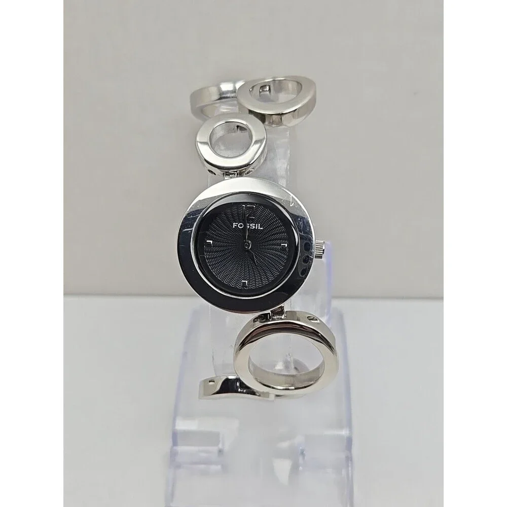 Fossil F2 ES1622 Womens Silver Circle Link Black Dial Watch Quartz New Battery