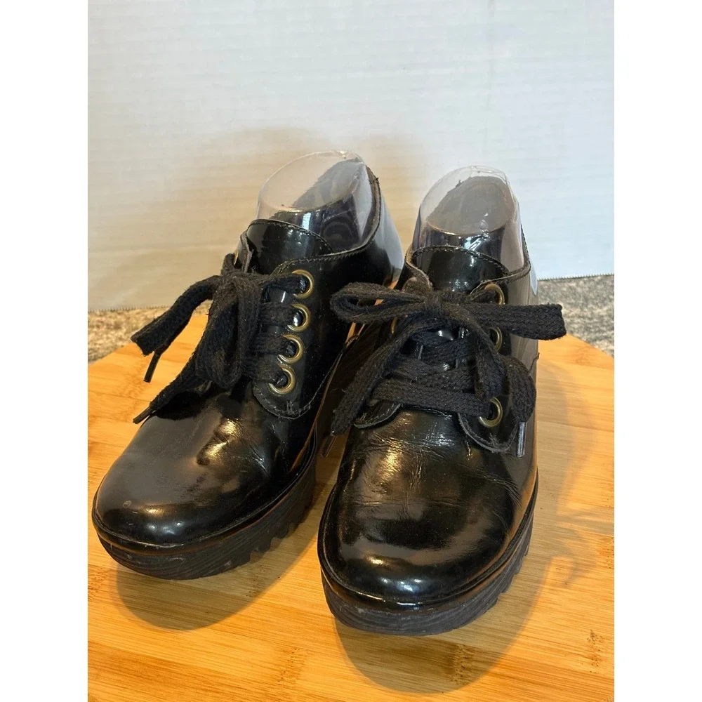Fly London Yala Black Patent Leather Lace  Wedge Platform Oxfords P500324011 40