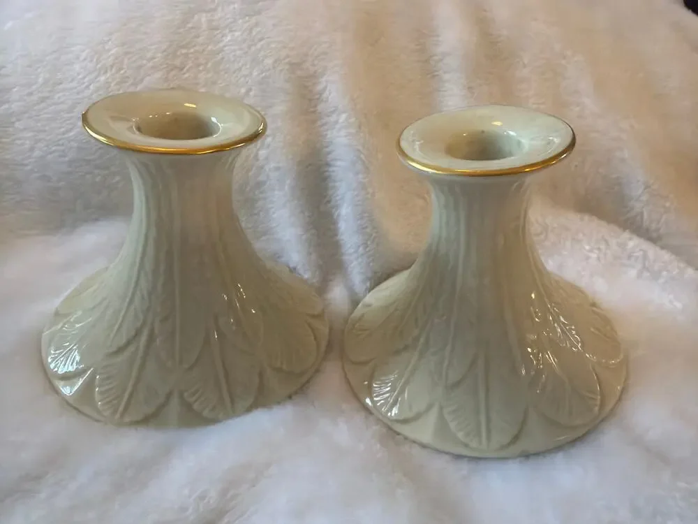 Pair Lenox Cream Gold Trim Feather Candle Holders Candlesticks Made USA 4.25
