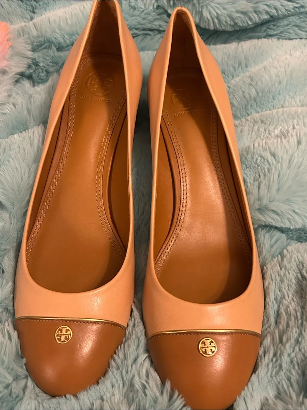Tory Burch Two-Tone Pink and Brown Leather Cap-Toe Ballet Flats