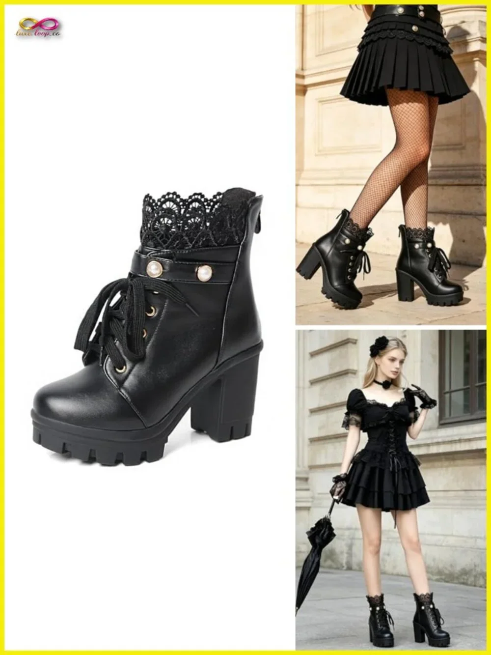 Chunky Platform Combat Ankle Boots with Lace and Buckle Side Zip