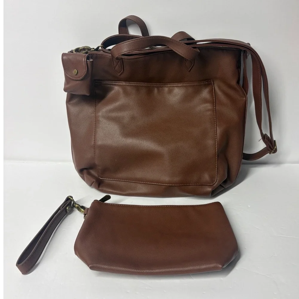 Thirty-One Around Town Tote & Tapered Pouch Set Cappuccino Smooth Pebble Vegan