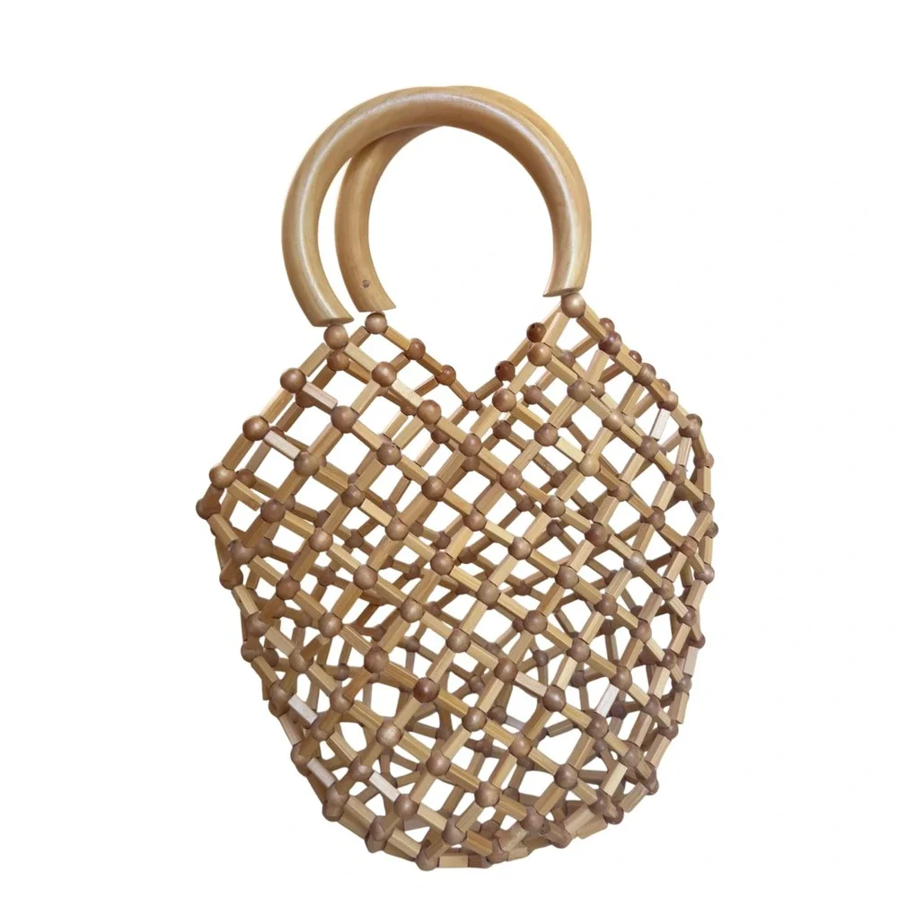 Cult Gaia Emmie Net Tote Bag Natural Bamboo Beaded Lattice Summer Handbag