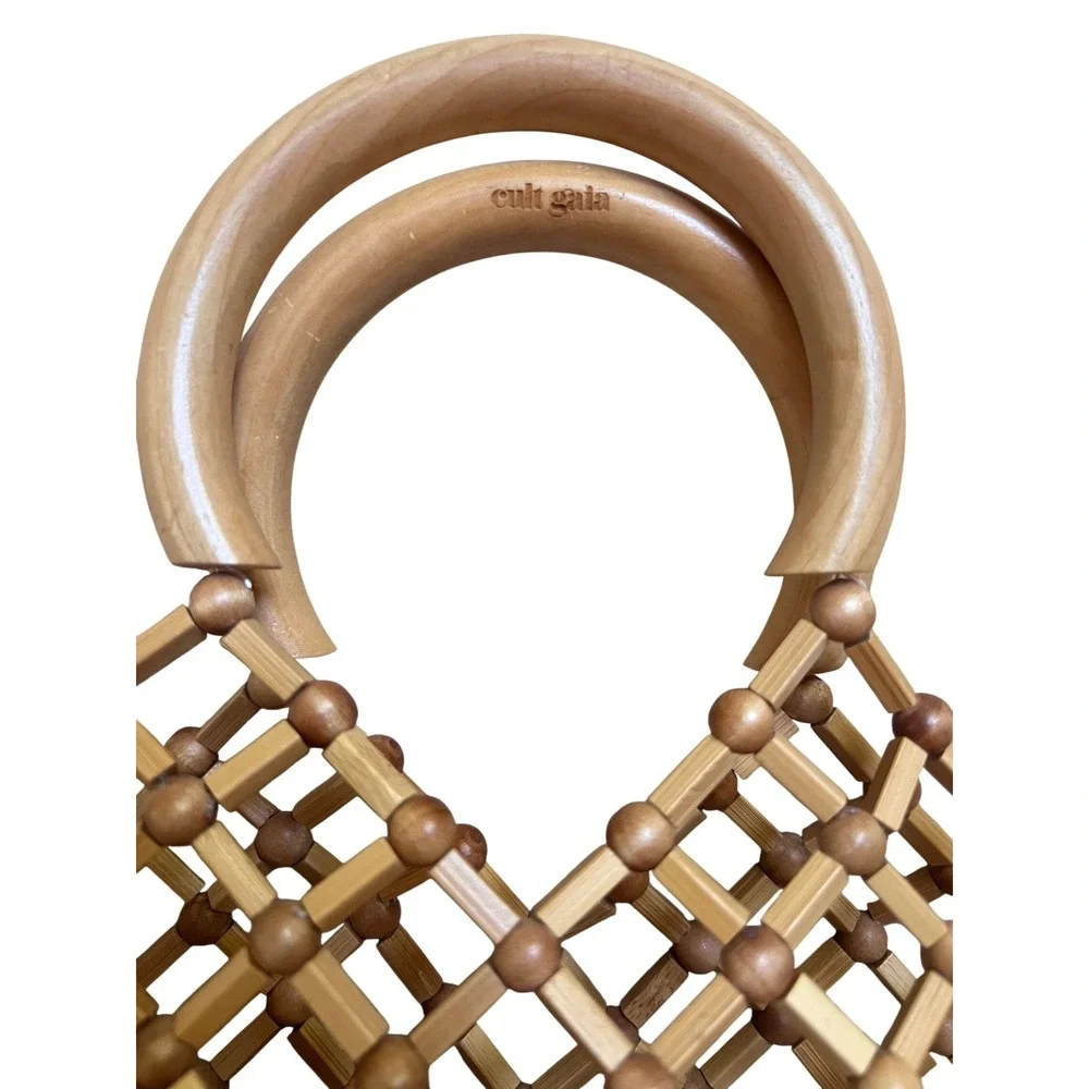 Cult Gaia Emmie Net Tote Bag Natural Bamboo Beaded Lattice Summer Handbag