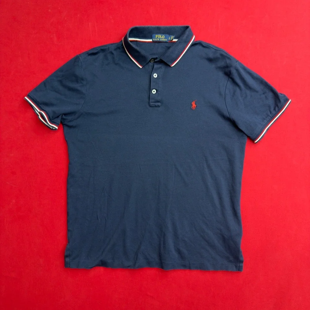 VTG Polo Ralph Lauren Mens Navy Blue Striped Trim Polo Shirt Red Pony Logo Large