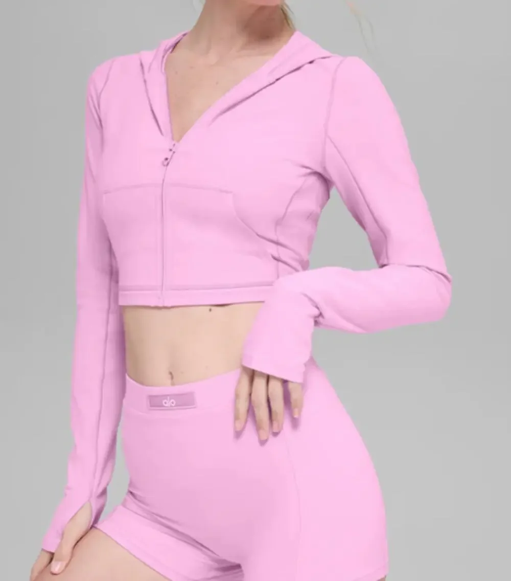 Alo Alosoft Sincere Fitted Full Zip Cropped Hoodie Jacket Candy Heart Pink Small