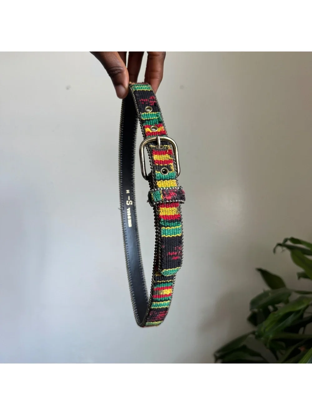 90s Rasta Reggae Stripe Woven Belt Leather Back Studded Trim Size S-M