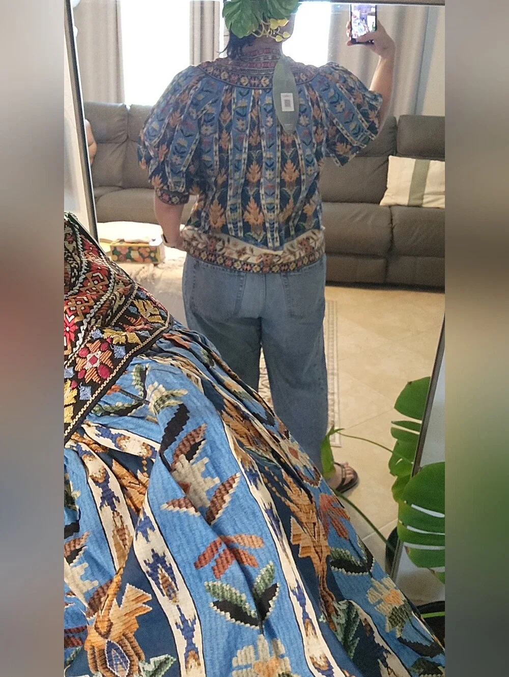 Farm Rio Blue Embroidered Tapestry Puff Sleeve Blouse