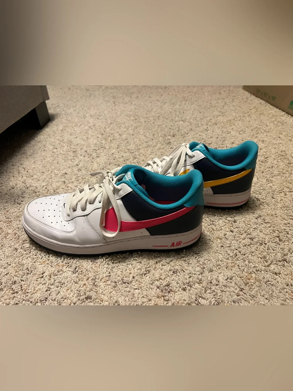 Nike Low-Top Air Force 1 - White with Pink & Yellow Swooshes, Teal Lining