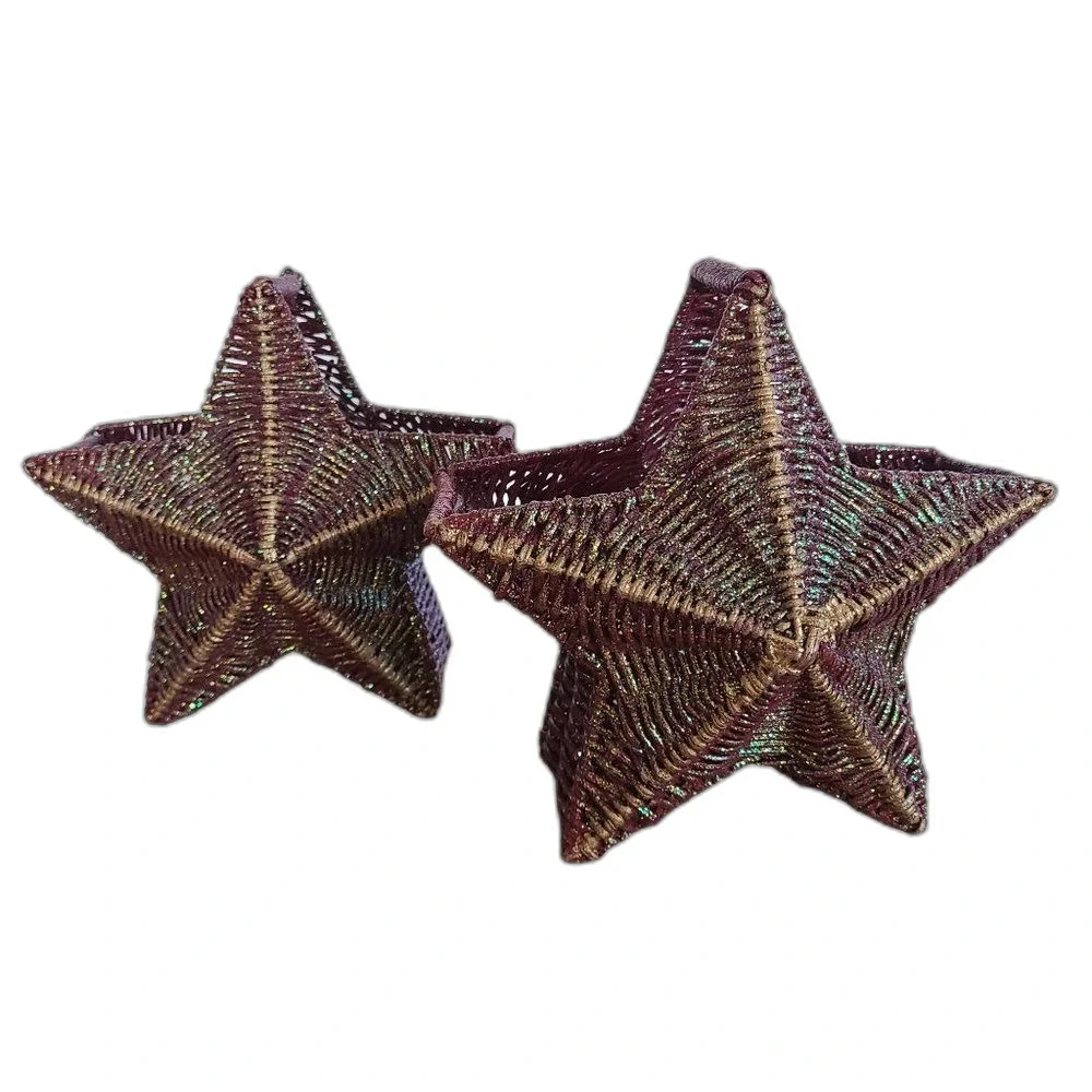 Set of Two Christmas Holiday Star Shaped Wicker Baskets W/ Handle Glitter Accent