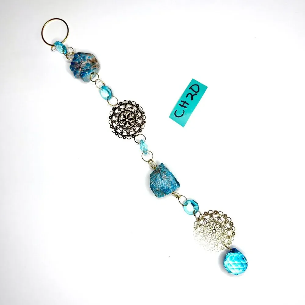 Raw Blue Apatite Hanging | Gold Mandala Filigree Charm | Blue Crystal Prism