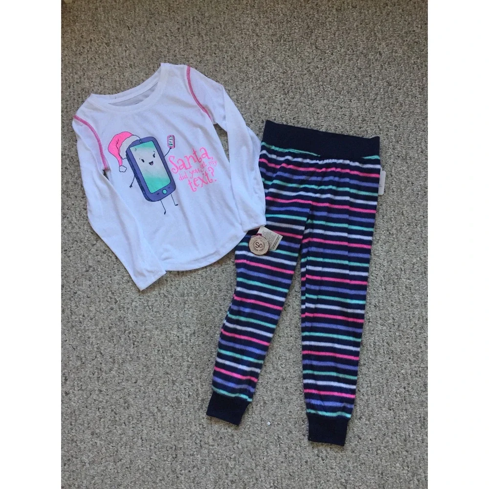 Kids SO‎ Pajamas Set Long Sleeve Top Pants Striped Christmas Phone Size 5/6