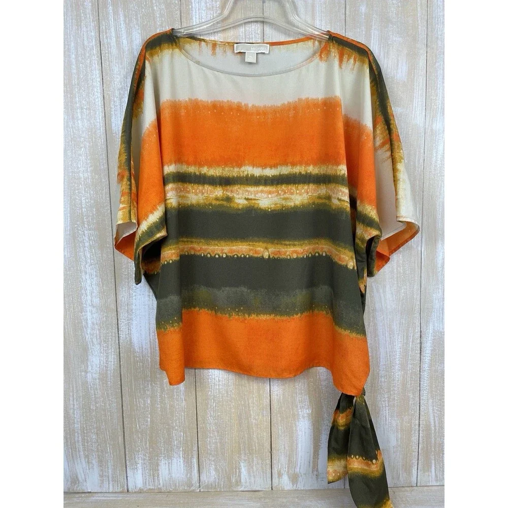Michael Kors Short Sleeve Striped Blouse Women’s Size XL Orange & Brown w/Tie