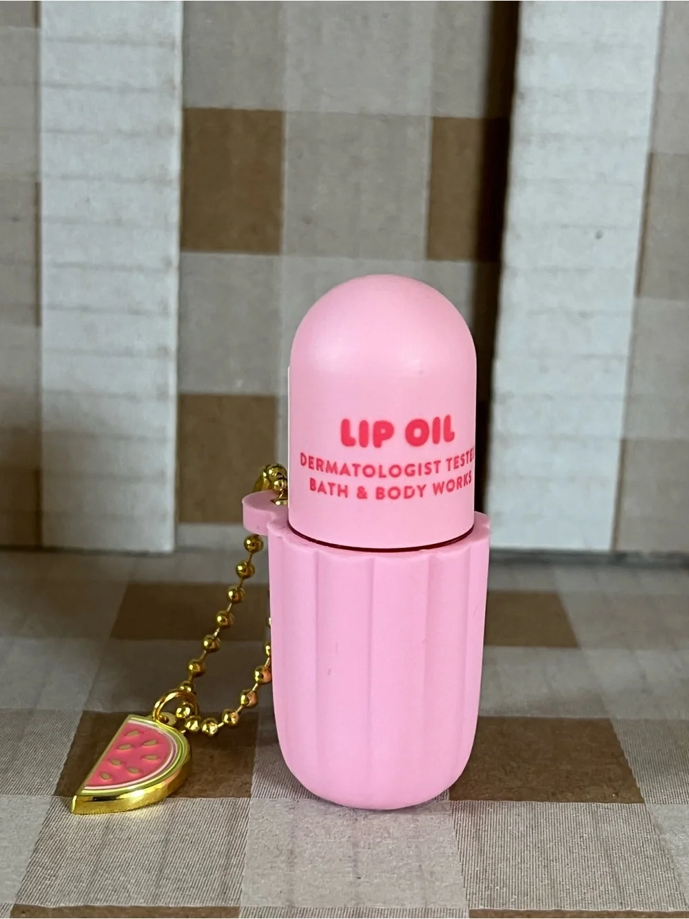 Bath & Body Works Pink Lip Oil Keychain with Gold Watermelon Charm