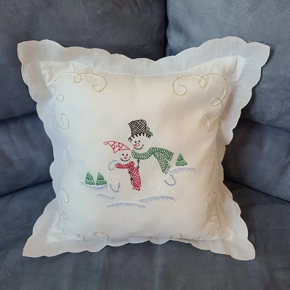 Christmas Snowmen Embroidered Throw Pillow Gold Cord Embellished Scalloped Trim