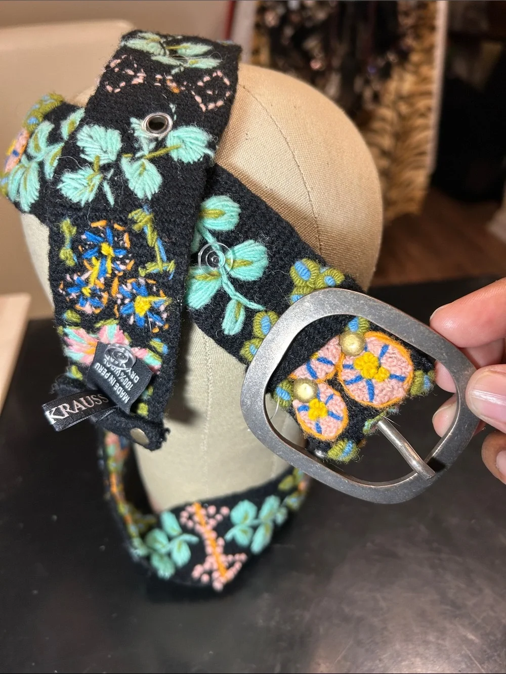 Jenny Kraus Black Embroidered 100% Wool Floral Belt - Mint & Pink Accents NWOTs