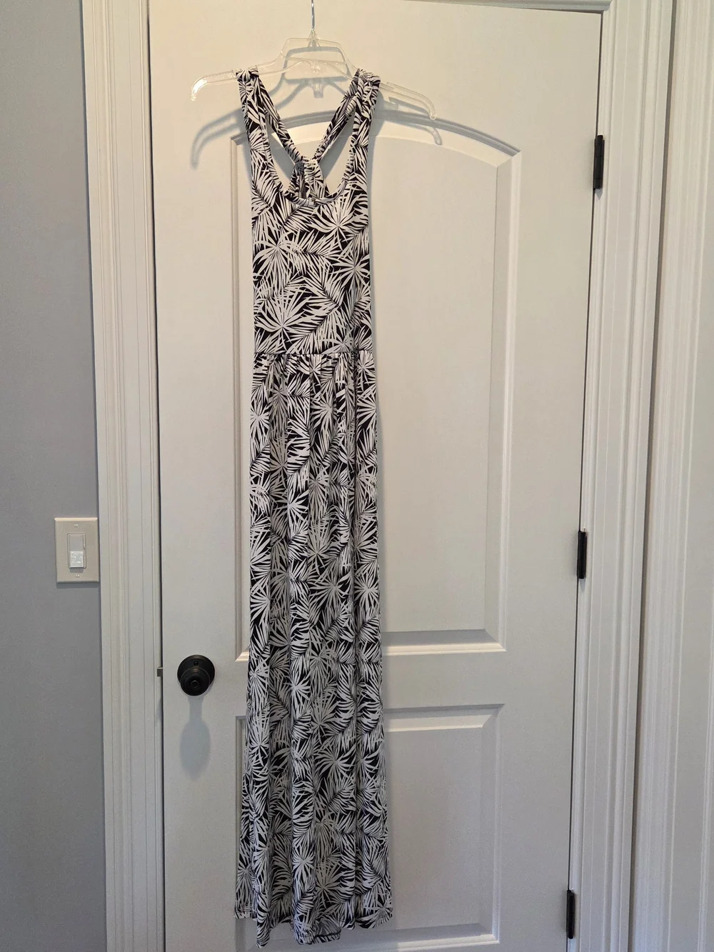 Michael Kors Black and White Palm-Print Racerback Maxi Dress