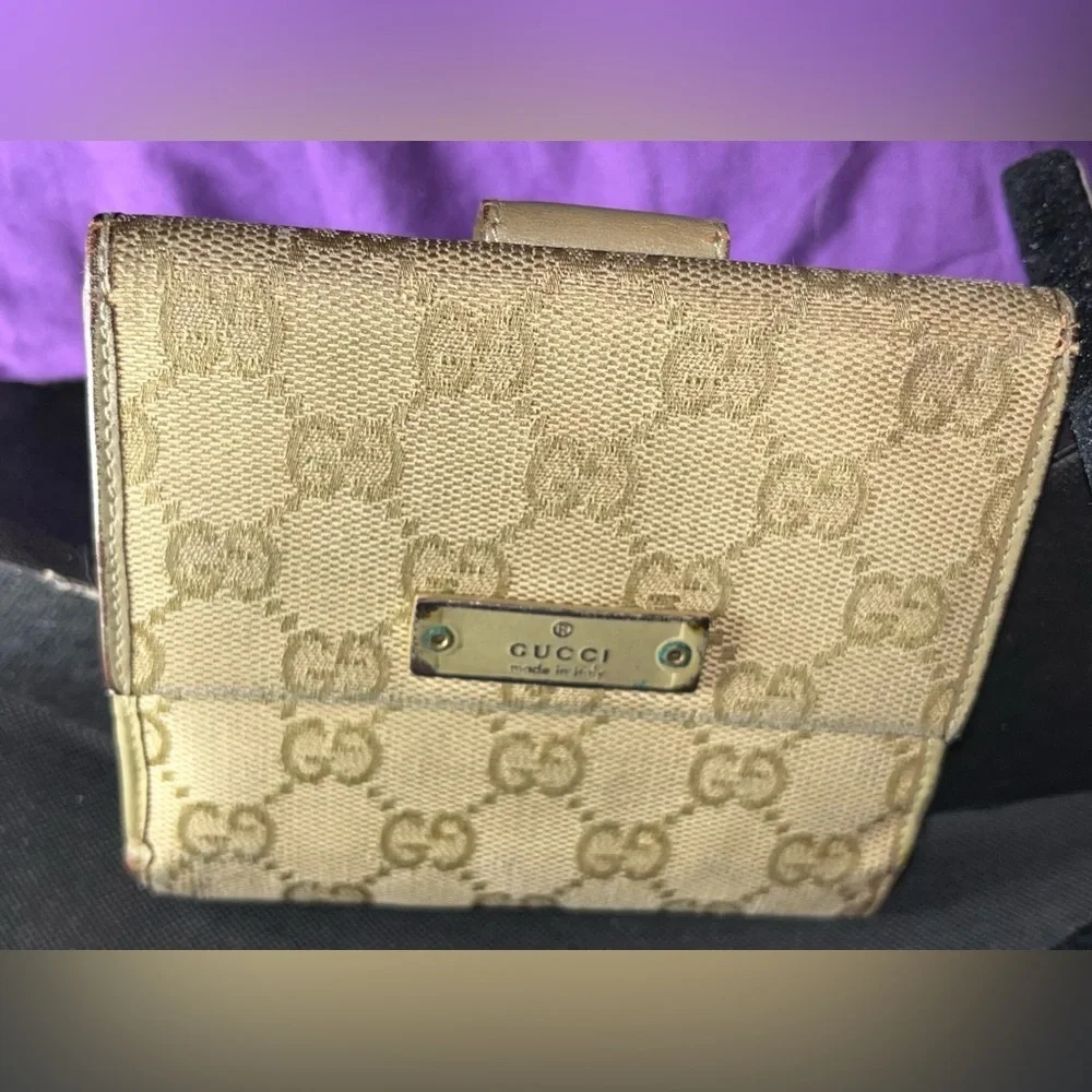 Gucci Beige Monogram Canvas Bi-Fold Wallet with Gold Plate