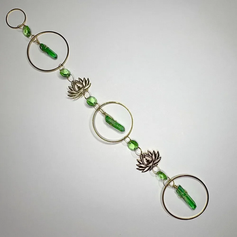 Green Aura Quartz Wall Hanging | Gold Lotus Meditation Charm | Love Abundance