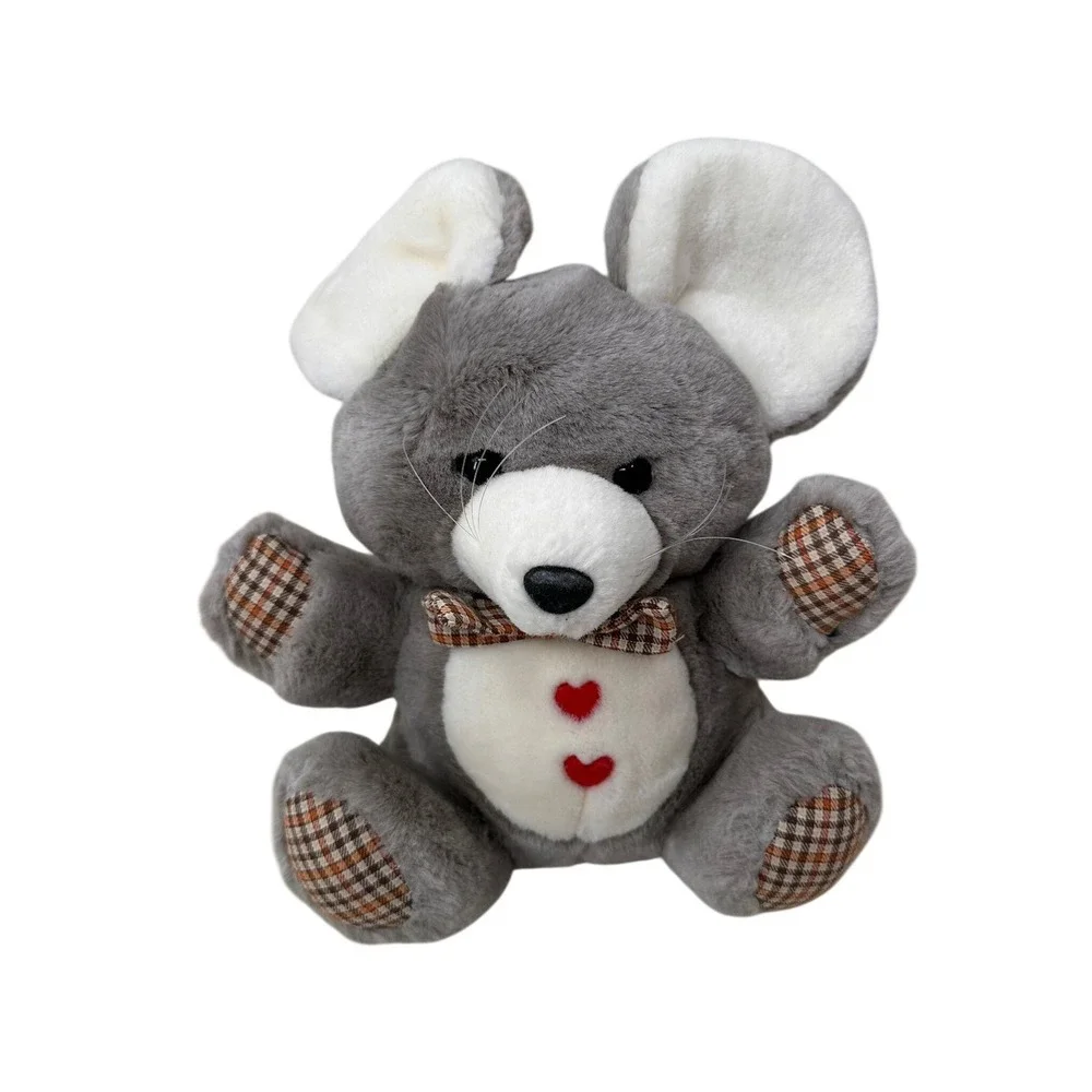 Mouse‎ Plush Stuffed Animal Grey White Plaid Hearts Lovey Kids Toy Nursery Decor