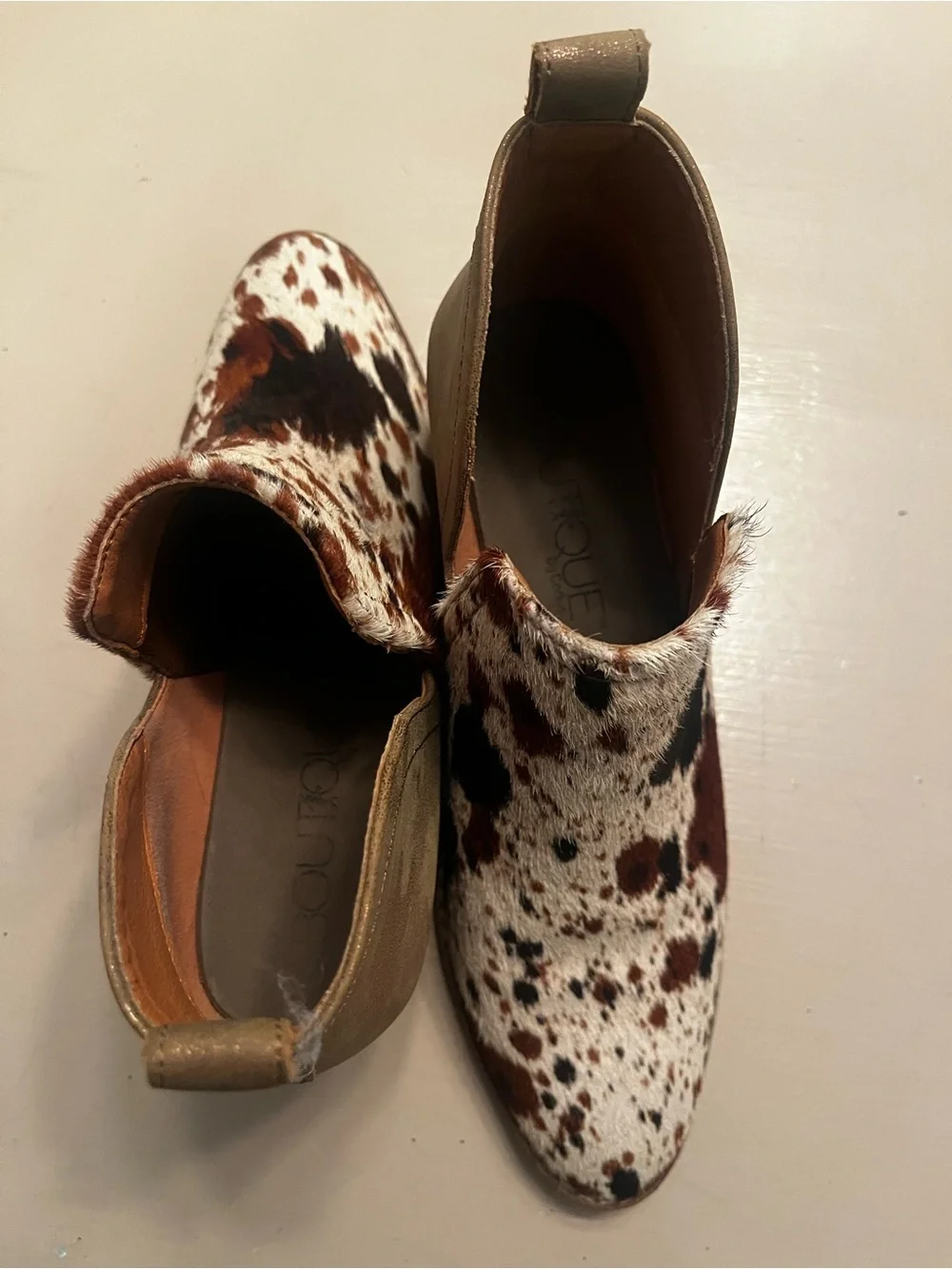 Cowhide Spot Print Ankle Booties in Brown and White